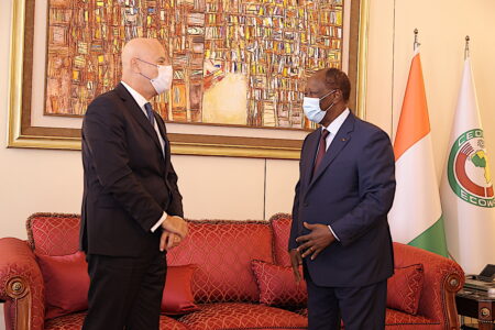 Presidente della Costa d’Avorio Alassane Ouattara incontra AD  di Eni Claudio Descalzi